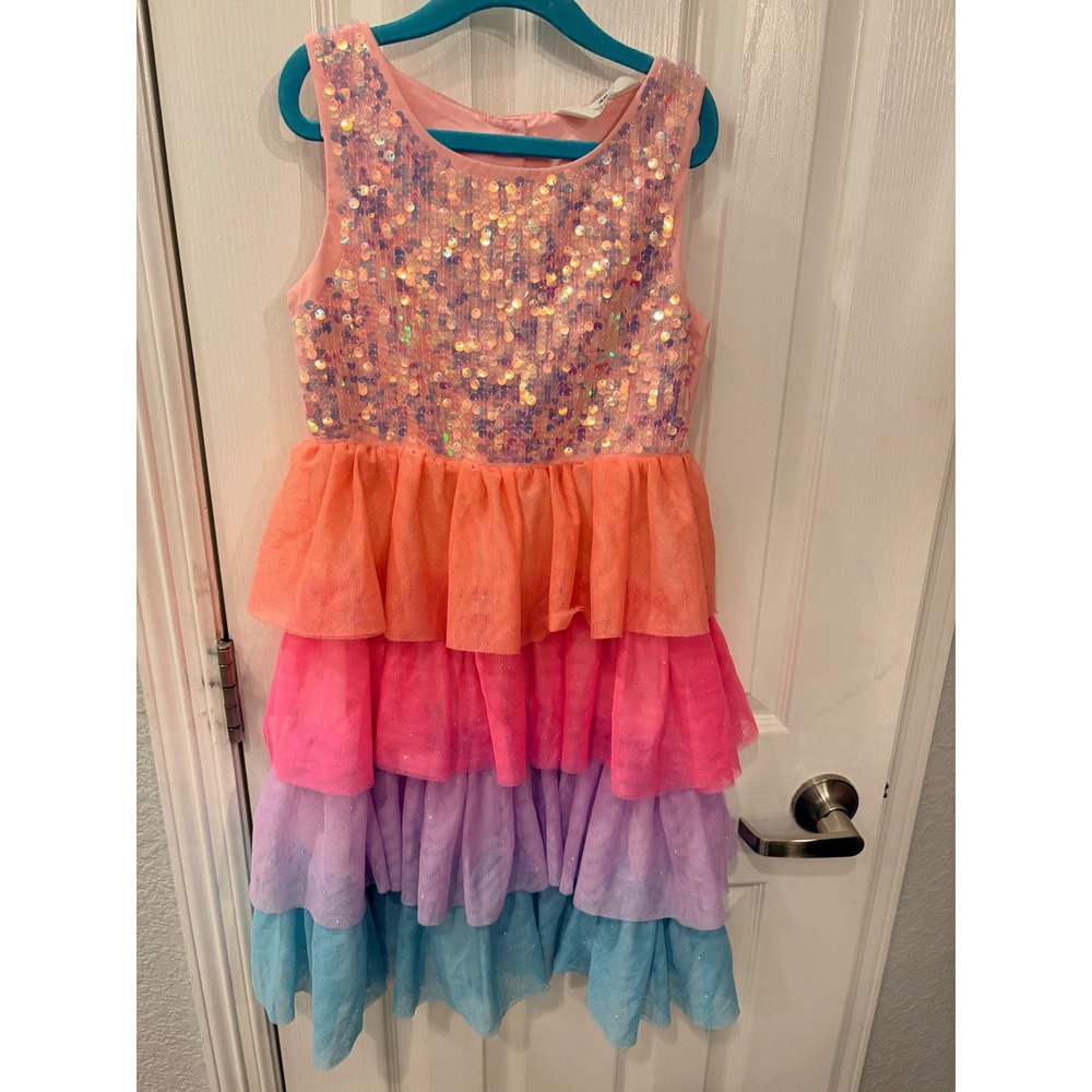 H&M Dress Pink Sequin Tulle Ruffle Tiered Rainbow Party Birthday Size 7-8Y